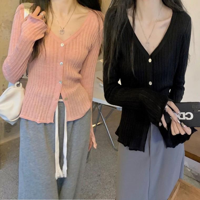 핏 여리여리 여자 가디건 V넥 긴팔 시스루 여름 얇은