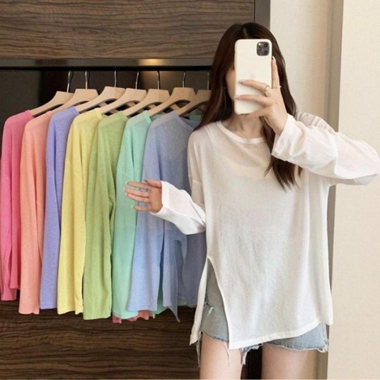 시스루 캔디 아 커버업 슬릿 에어컨 긴팔 여름 티셔츠 수영복 쿨 티셔츠