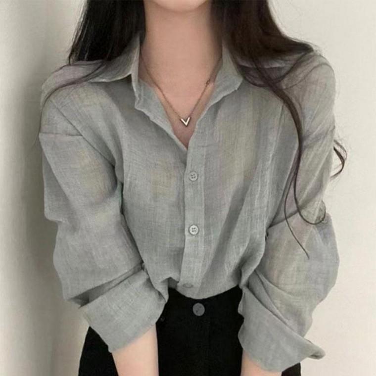 여름 얇은 셔츠 셔츠 세미크롭 긴팔 3컬러 시스루 빅카라 루즈핏청남방