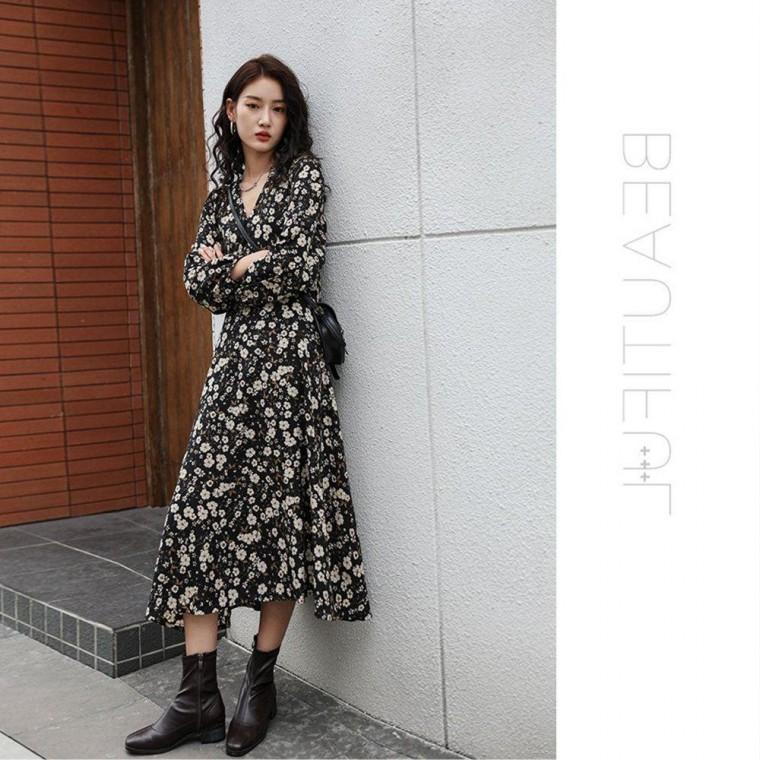 패턴 플라워 원피스 쉬폰 긴팔 봄 가을 A라인 롱 롱원피스 쉬폰원피스