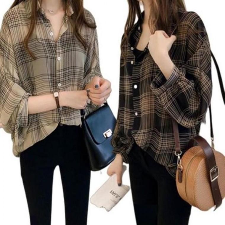 루즈핏 샤르르한 체크 블라우스 셔츠 루즈핏 오버핏 후드티 여자 여성 맨투맨 롱