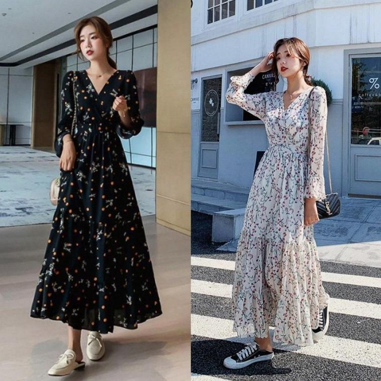 패턴 플라워 봄 가을 긴팔 롱 쉬폰 원피스 브이넥 원피스 쉬폰 가을 롱