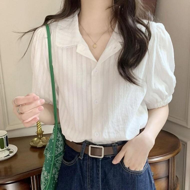여자 여성 러블리한 카라 반팔 블라우스 예쁜 셔츠 데일리 면 긴팔 블랙 민소매