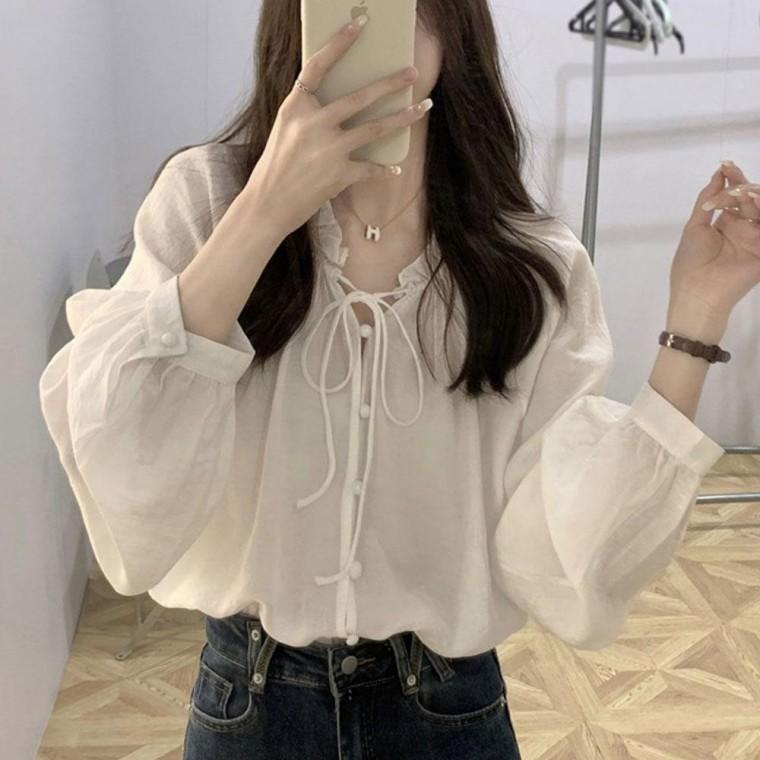 긴팔 콩단추 넥 얇은소재 셔링 2컬러 블라우스 스트링 실크블라우스 여자 여성