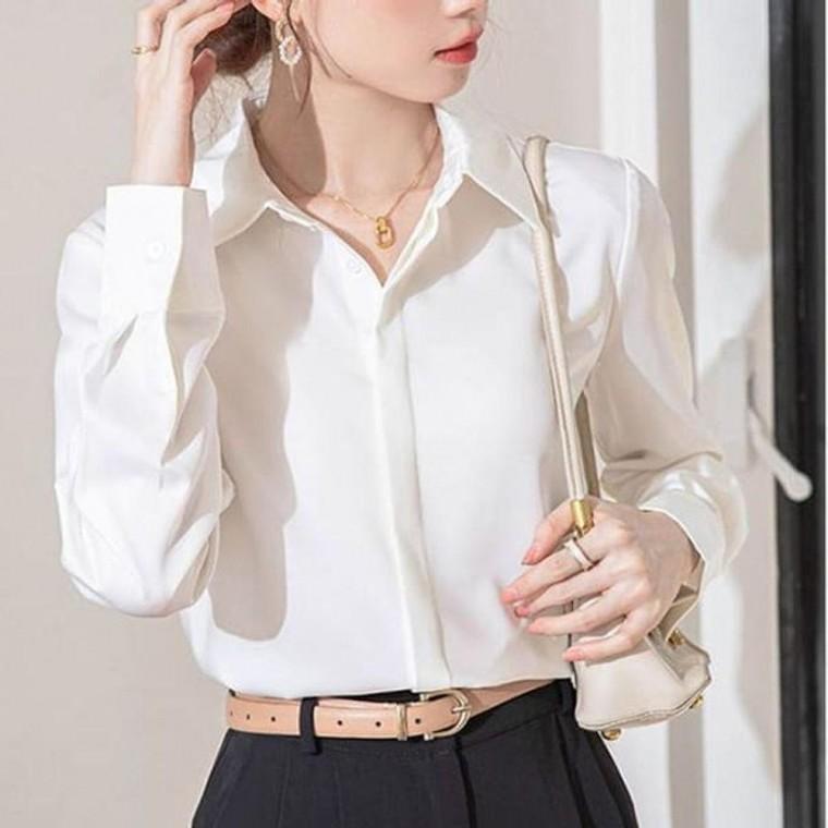 여자 여성 클래식 긴팔 블라우스 새틴 블라우스 셔츠 옷 결혼식 오피스룩