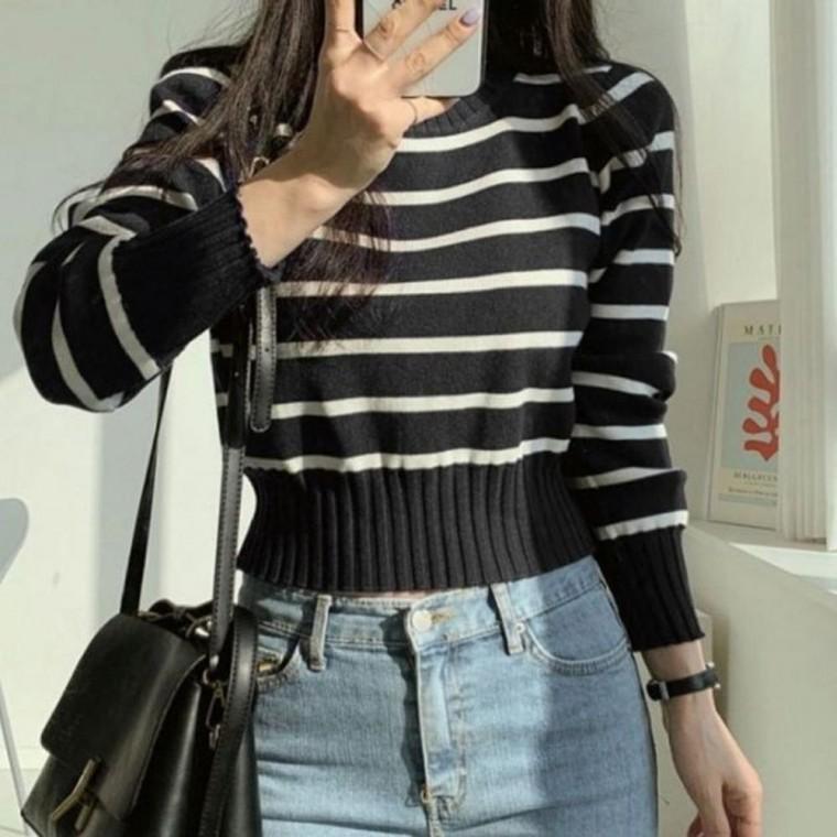 인기 여자 여성 단가라 크롭 니트티 베이직 긴 감성 라운드 여자 여성 티셔츠