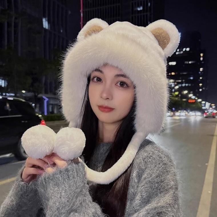 여자 트리밍 러블리 방한모자 퍼 곰돌이귀 바라클라바