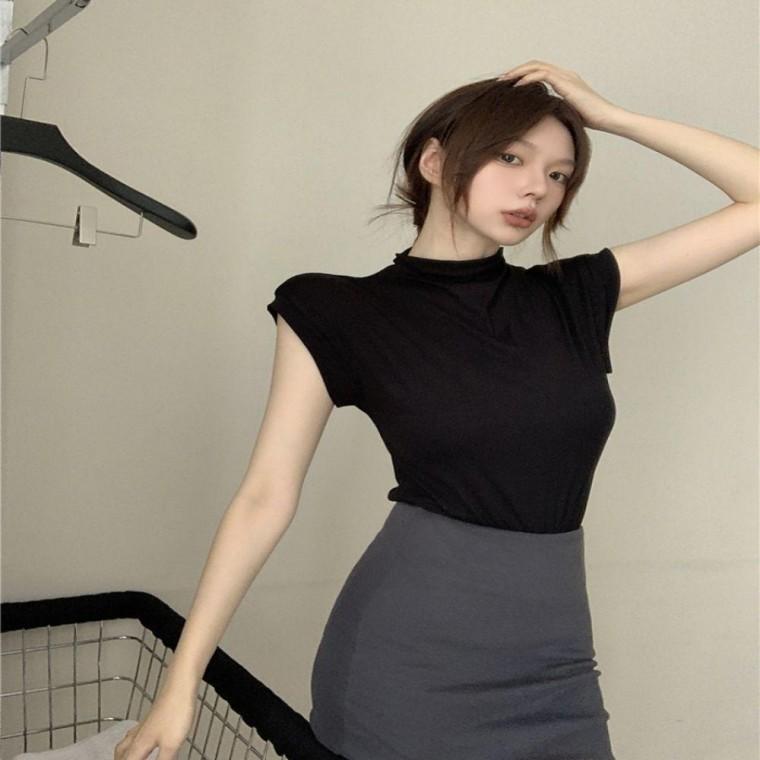여성 3컬러 날씬핏 세미 터틀넥 캡소매 반팔티셔츠