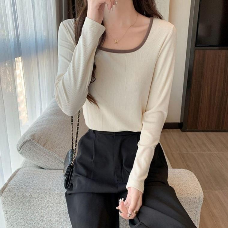 여성 2컬러 캐주얼 데일리 U넥 배색 골지 긴팔티셔츠