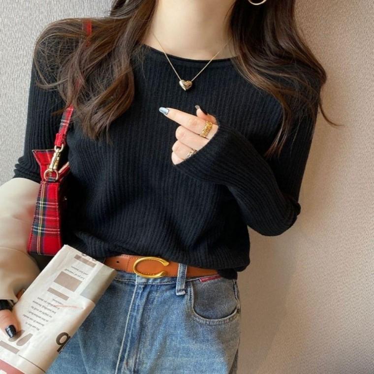 여성 3컬러 심플 데일리 골지 롱슬리브 긴팔티셔츠