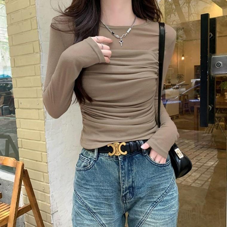 여성 3컬러 셔링 포인트 데일리 글램무드 긴팔티셔츠
