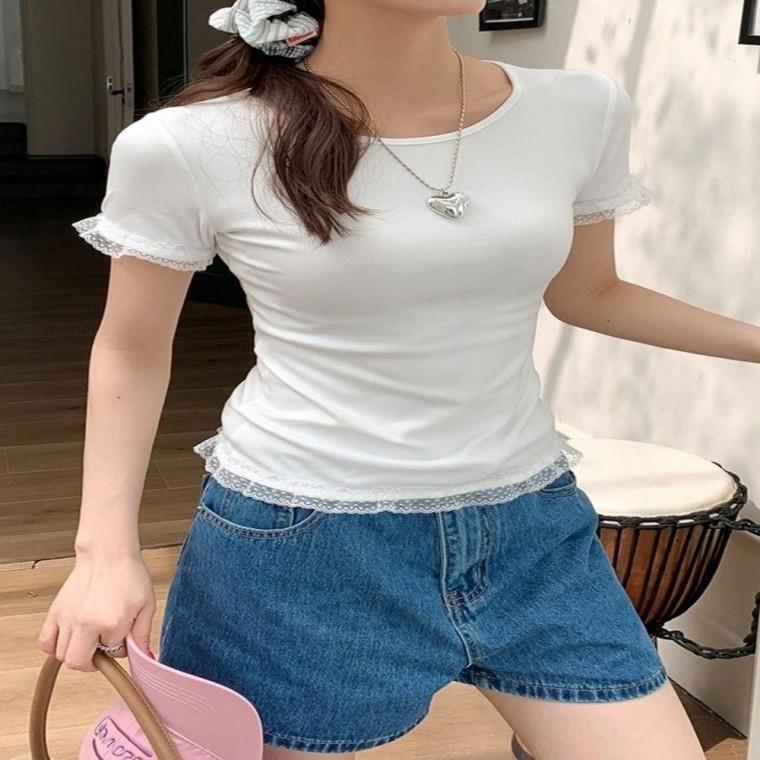 여성 2컬러 레이스 슬림핏 데이트룩 여름 반팔티셔츠