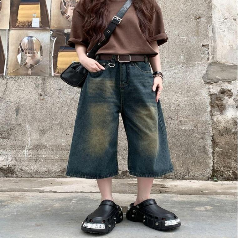 여성 4컬러 빈티지무드 힙한 7부팬츠 와이드 청바지