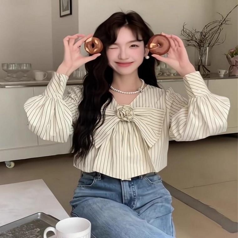 여성 러블리한 빅리본 스트라이프 블라우스 긴팔셔츠