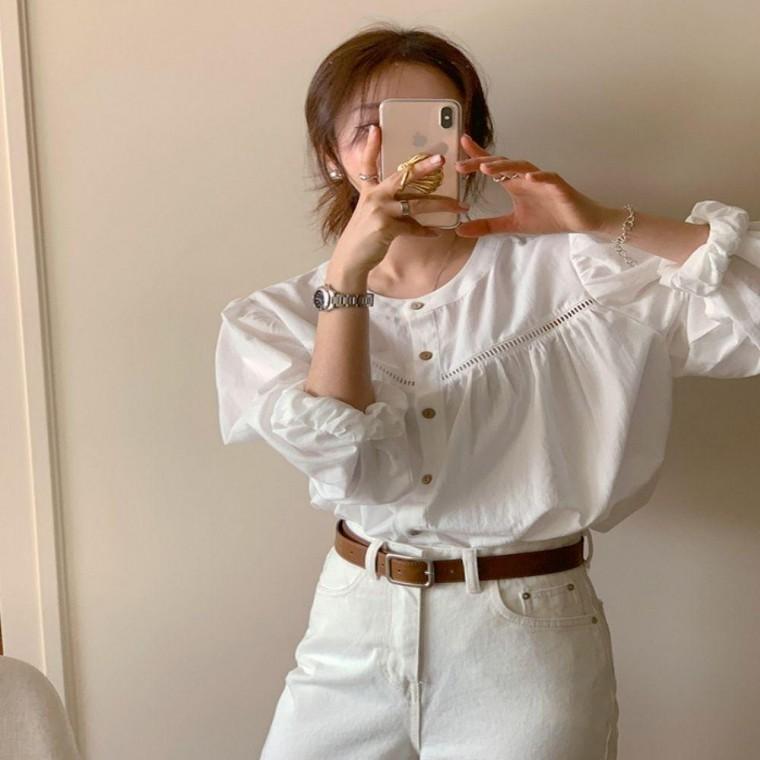 여성 모던 퍼프소매 펀칭 긴팔 노카라 셔츠 블라우스