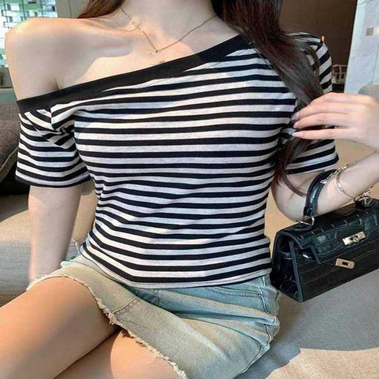 2컬러 여성티셔츠 여성 오프숄더 반팔티 스트라이프 모두팜