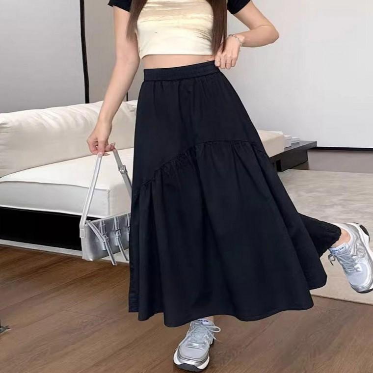여성 2컬러 허리밴딩 플레어라인 체형커버 롱스커트