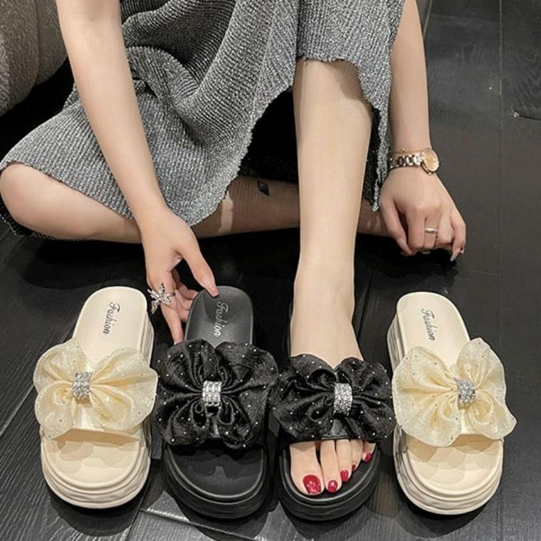 여성 2컬러 큐빅 쉬폰 러블리 리본 키높이 통굽슬리퍼
