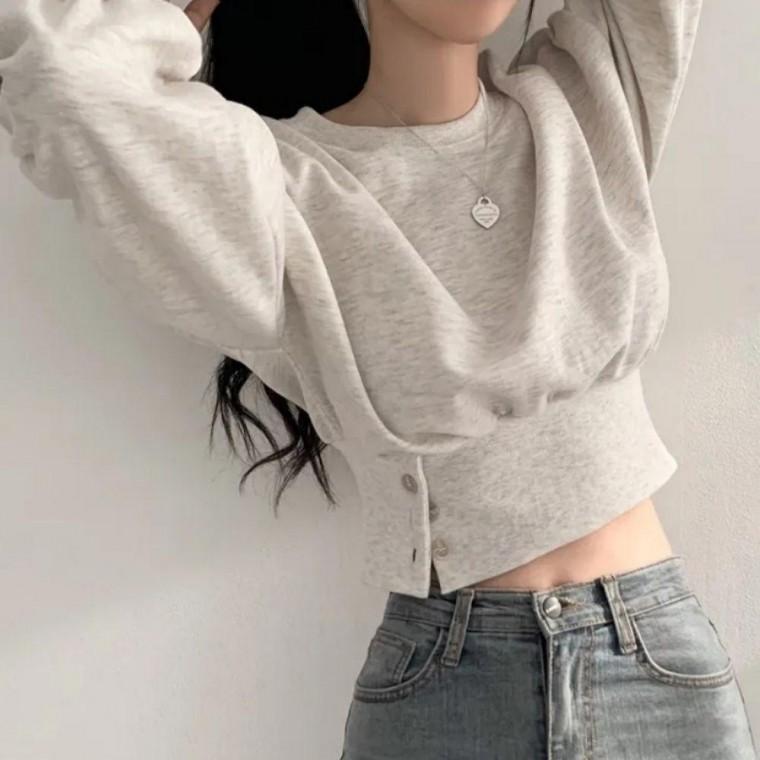 단추 여성 패션티셔츠 허리라인 맨투맨 긴팔티셔츠 슬림한 2컬러 모두팜