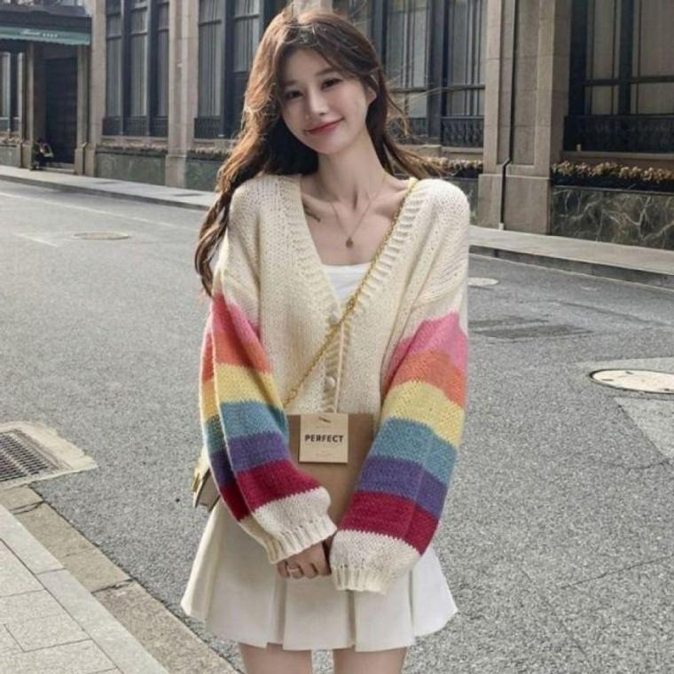 레인보우 배색 데일리 브이넥 가디건 클래식 가을 봄 봄가디건 브이넥가디건 배색가디건 가을가디건