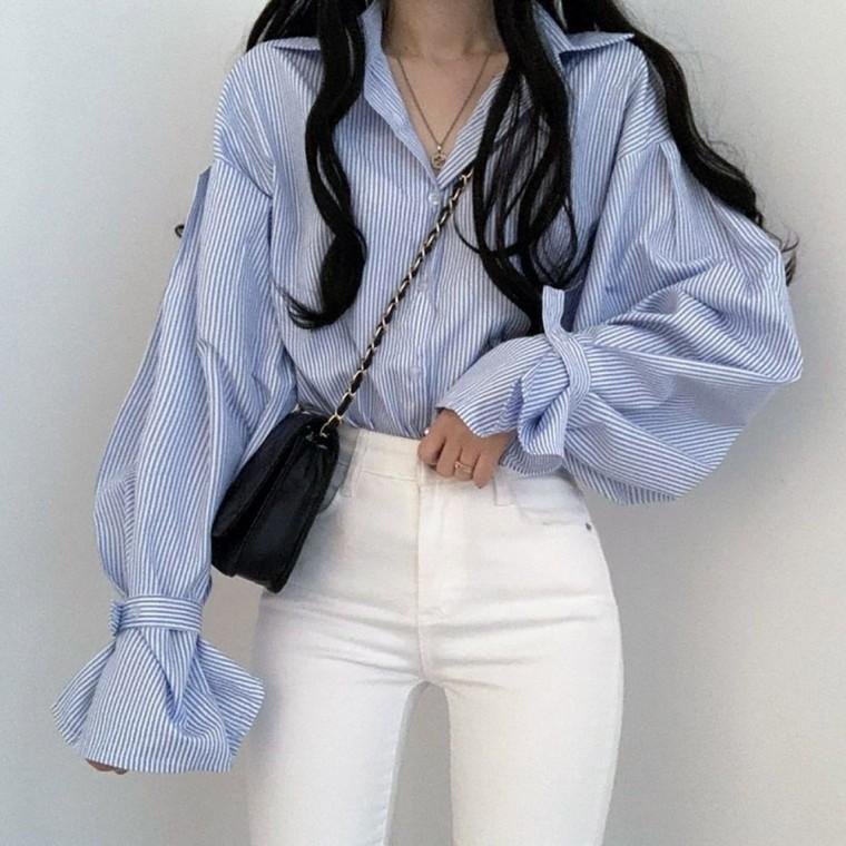 루즈핏 스타일 긴팔 벌룬 소매 포인트 셔츠 여자 스트라이프 패턴 여성 남방 가을 오버핏