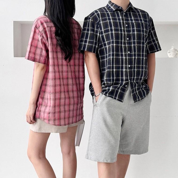 네이 비색 체크 패턴 카라 린넨 반팔 여름 셔츠 남방 남자 여자 핑크색 청남방