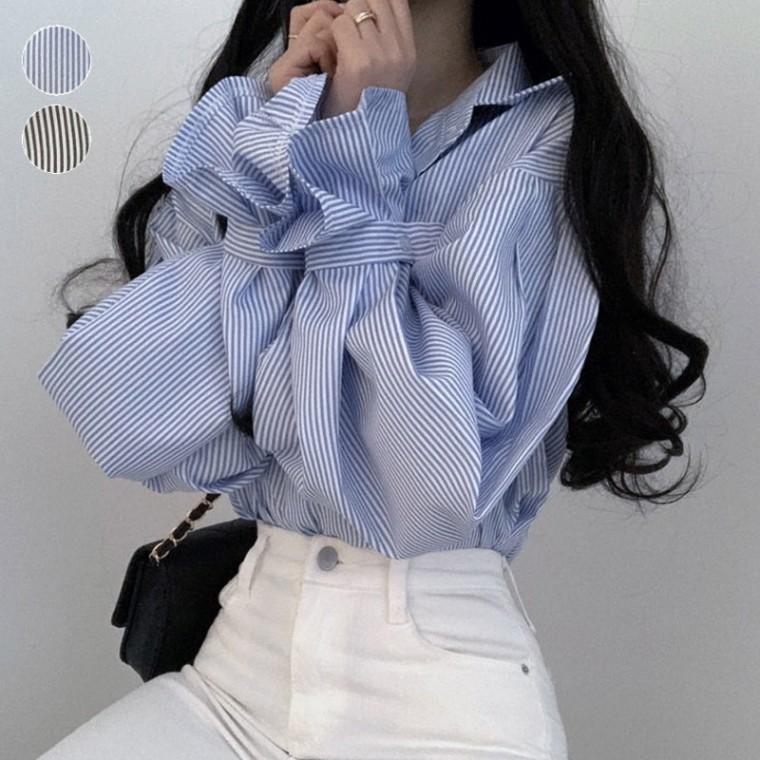 심플 루즈핏 스트라이프 예쁜 벌룬 블라우스 셔츠