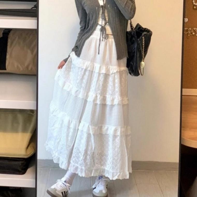 여성 러블리 밴딩 캉캉 자수 레이스 치마 롱스커트