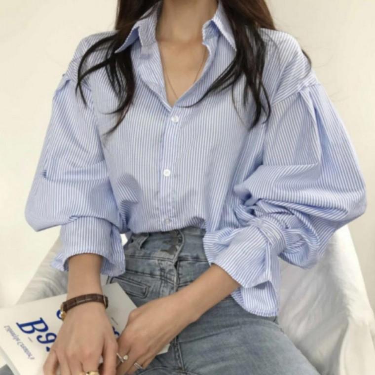 여성 데일리 블라우스 루즈핏 스트라이프 벌룬 셔츠