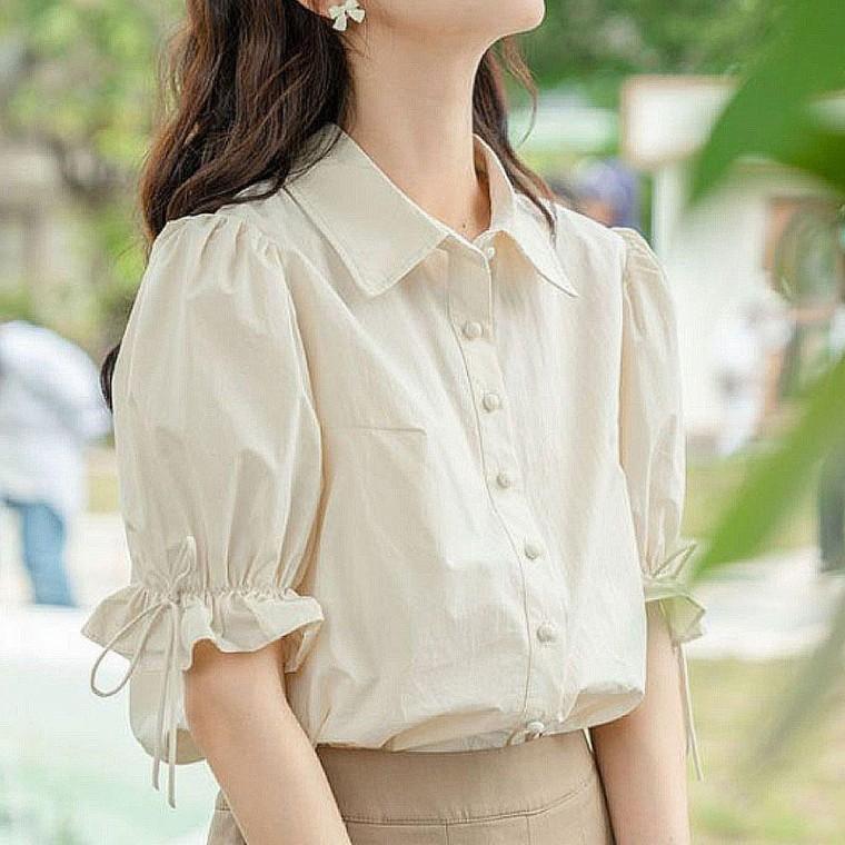 셔츠 여성 스트링 밴딩 카라 퍼프소매 블라우스