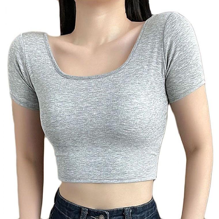 패드내장 반팔티 크롭 등파임 스퀘어넥 여성 슬림