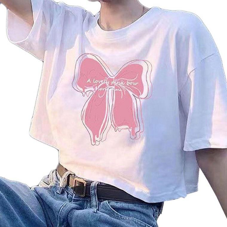 반팔 여성 캐주얼 티셔츠 빈티지 리본 크롭