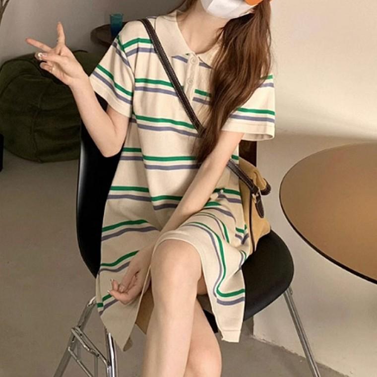 스트라이프 미니 원피스 여름 반팔 카라 스타일