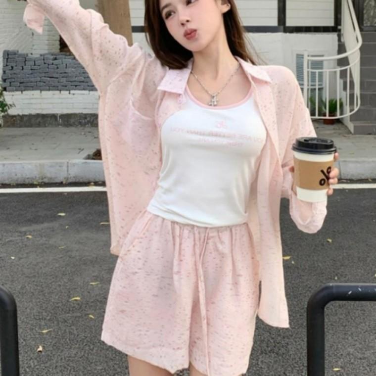 여성 나시 셔츠 반바지 쓰리피스 세트 데일리 휴가룩 코디세트