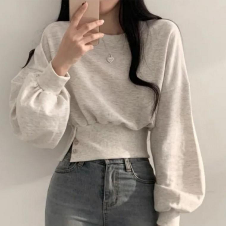 여성 슬림 단추 맨투맨 긴팔 라운드넥 숏 맨투맨티 데일리