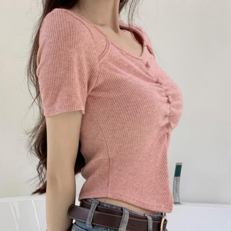 여성 골지 반팔 티셔츠 하트단추 러블리 내추럴 반팔티
