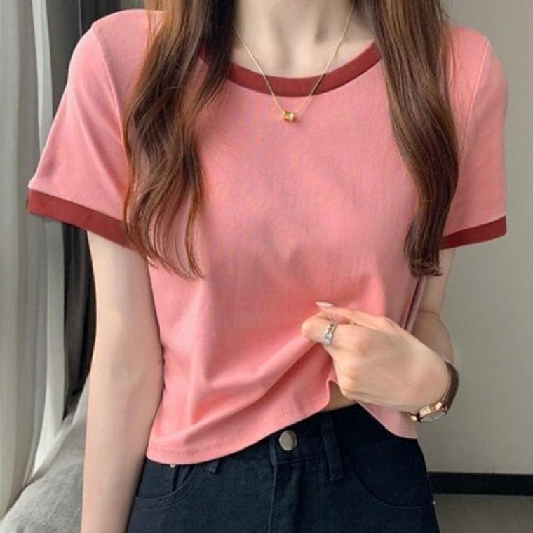 여성 여름 라운드 기본 크롭 반팔 티 셔츠 핑크