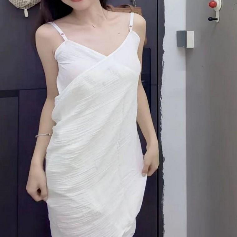 여성 목욕가운 스트링 랩업 원피스형 순면 소프트 화이트