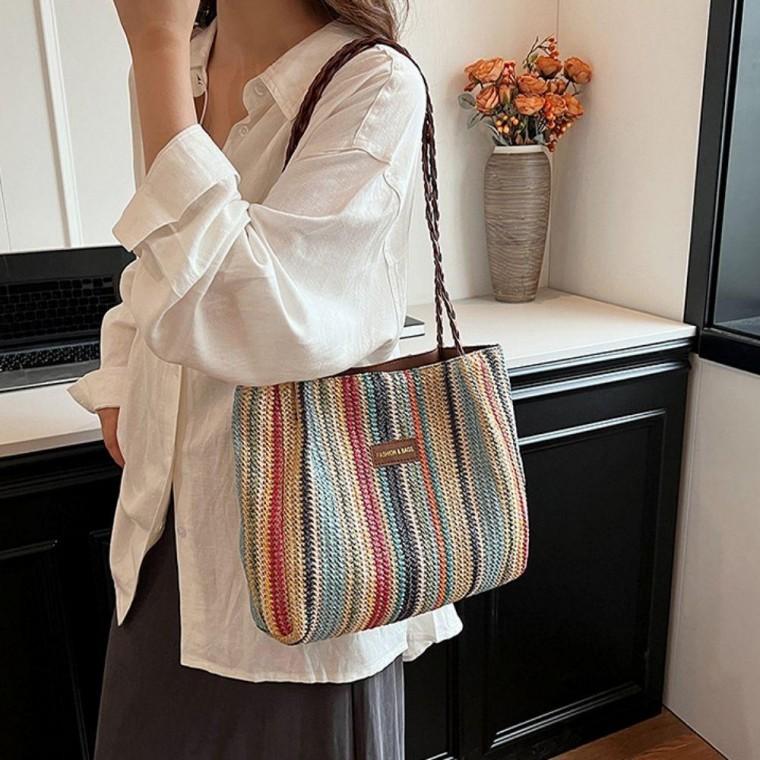 여성 숄더백 여름 가방 라탄백 데일리 캐주얼 레인보우 베이지