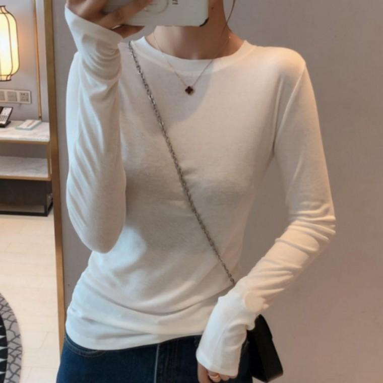 여성 기본 슬림핏 긴팔티 데일리 라운드 긴팔 티셔츠 오버 핸드 쭉티
