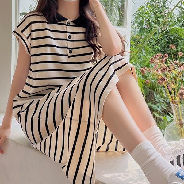 베이직 스트라이프 카라 숏 소매 원피스 TDN-0178