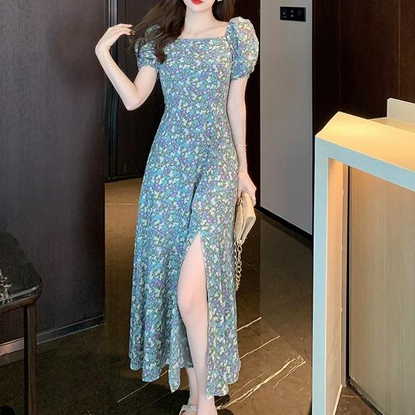 스퀘어넥 플라워 롱 원피스 A라인 퍼프소매 여성 드레스