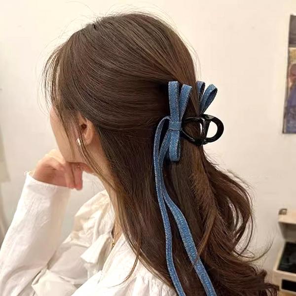 데님 청 롱 리본 헤어 집게핀 8cm