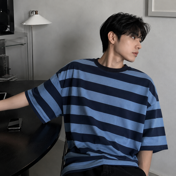 남성용 스트라이프 박스 반팔티