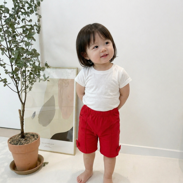 레드 투리본 코튼 유아바지