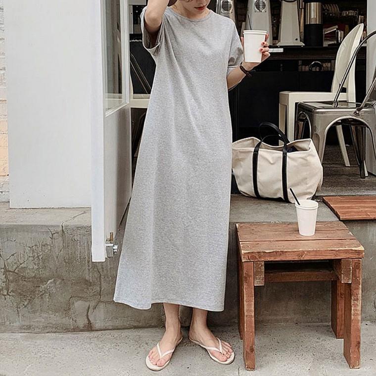 여자 내추럴 오버핏 여름 반팔 롱원피스
