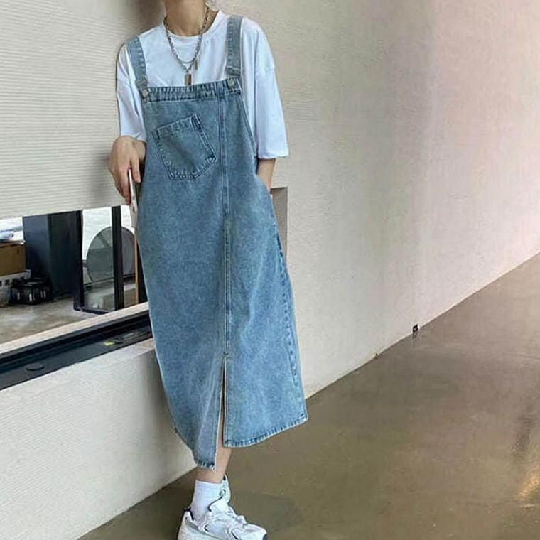 여성 언발 데님 멜빵 치마 롱원피스 캐주얼룩
