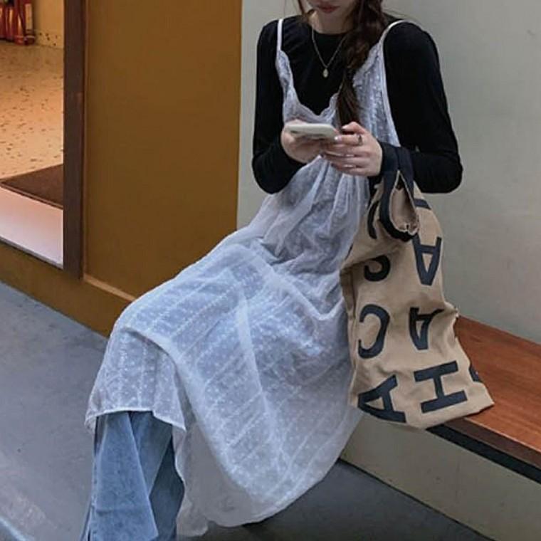 여성 시스루 빈티지 나시 뷔스티에 롱원피스
