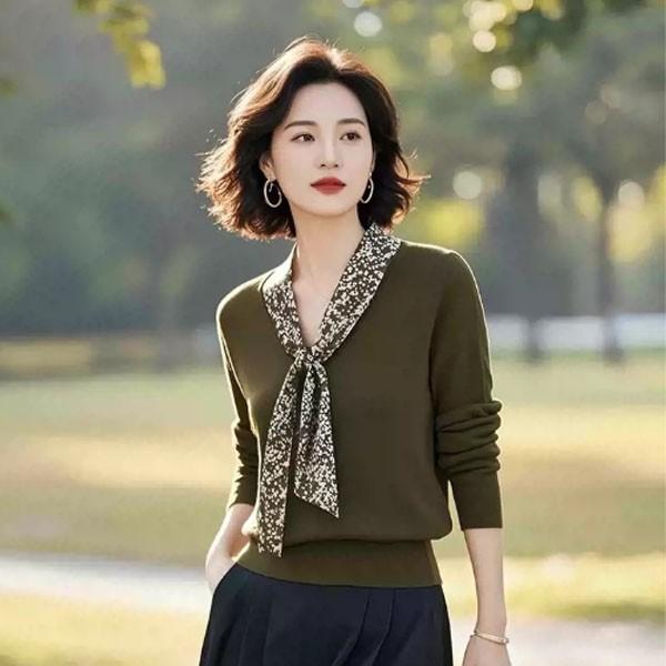 은창]엘레강스 스카프 넥 니트 티셔츠 스웨터 상의 니트 가을 티셔츠 여성 겨울 보온 사무실 실내