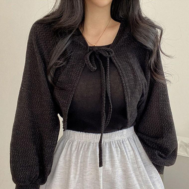 여자 간절기 크롭 스트링 볼레로 가디건